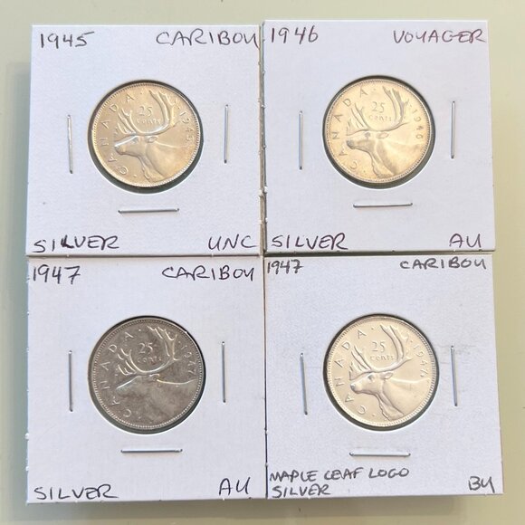 Canada 1945, 1946, 1947 & 1947ML Silver 25¢ Quarters! 4 coins Total - Picture 1 of 12